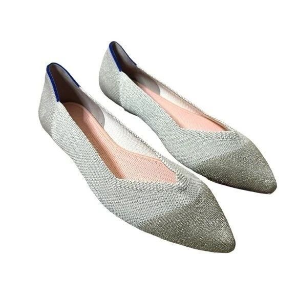 New Rothy’s The Point Diamond Metallic  Flats Cream Platinum Size 11 - Picture 2 of 5